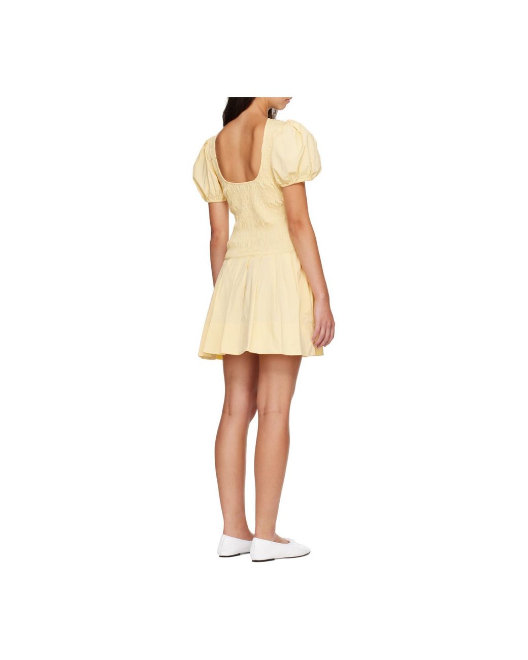 Ganni Yellow Smocked Balloon-Sleeve Mini Dress