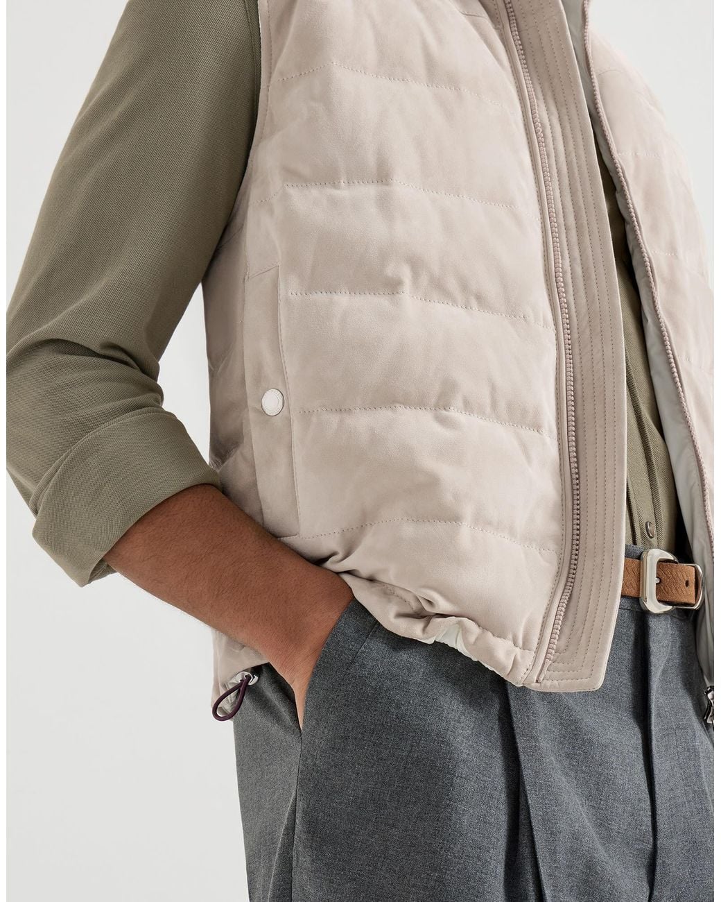 Brunello Cucinelli White Suede Down Vest With Packable Hood for men
