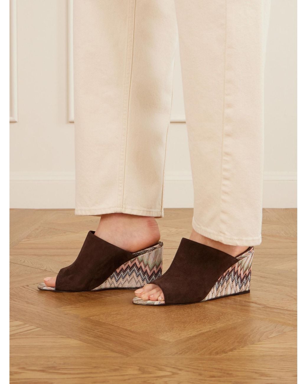 Missoni Brown Striped Woven Suede Wedge Mules