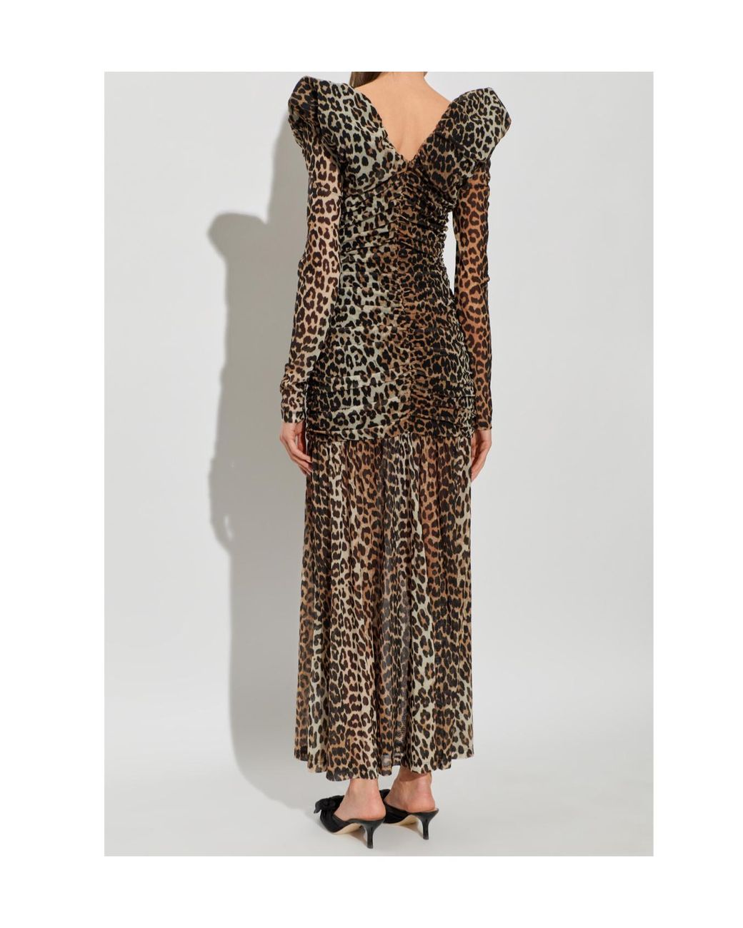 Ganni Natural Leopard Printed V-Neck Dress