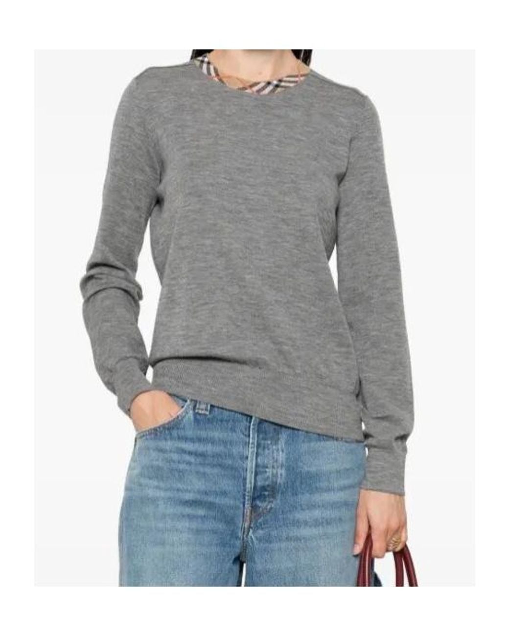 Burberry Gray Checked Crew Neck Pullover Clothing