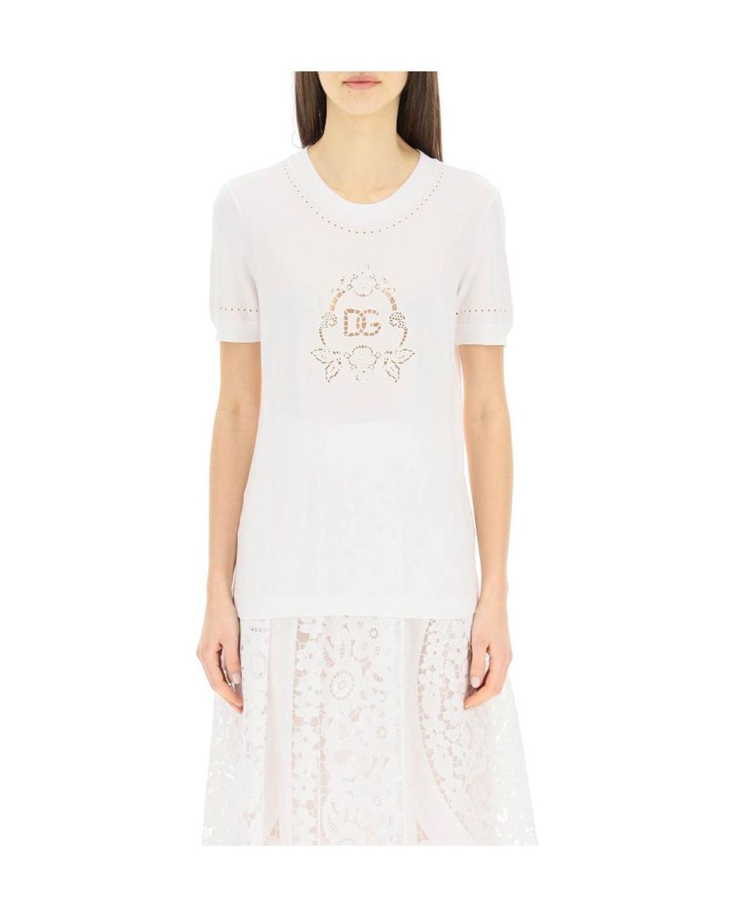 Dolce & Gabbana White Dg Openwork Embroidery Jersey T-Shirt