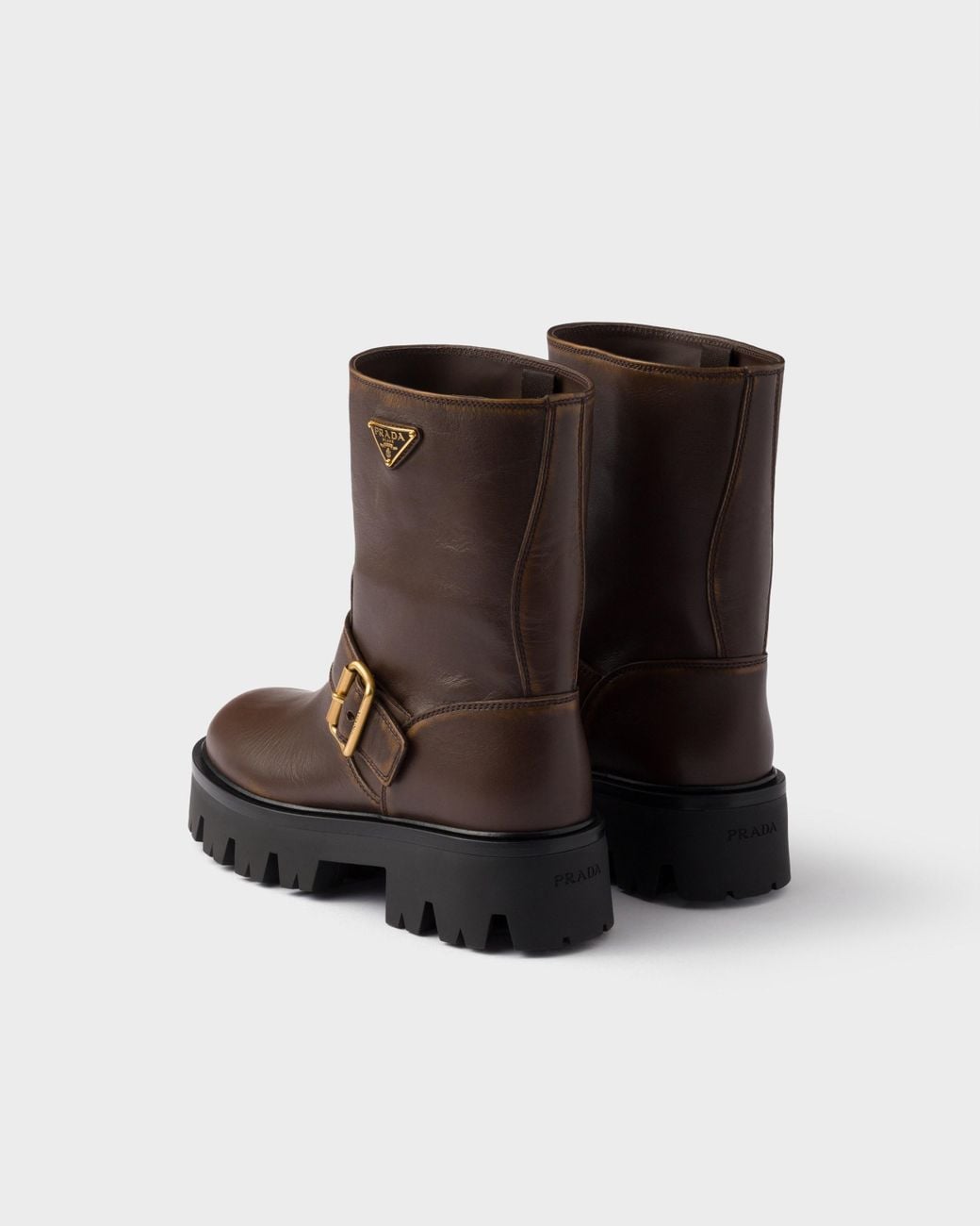 Prada Brown Logo Plaque Buckled Boots