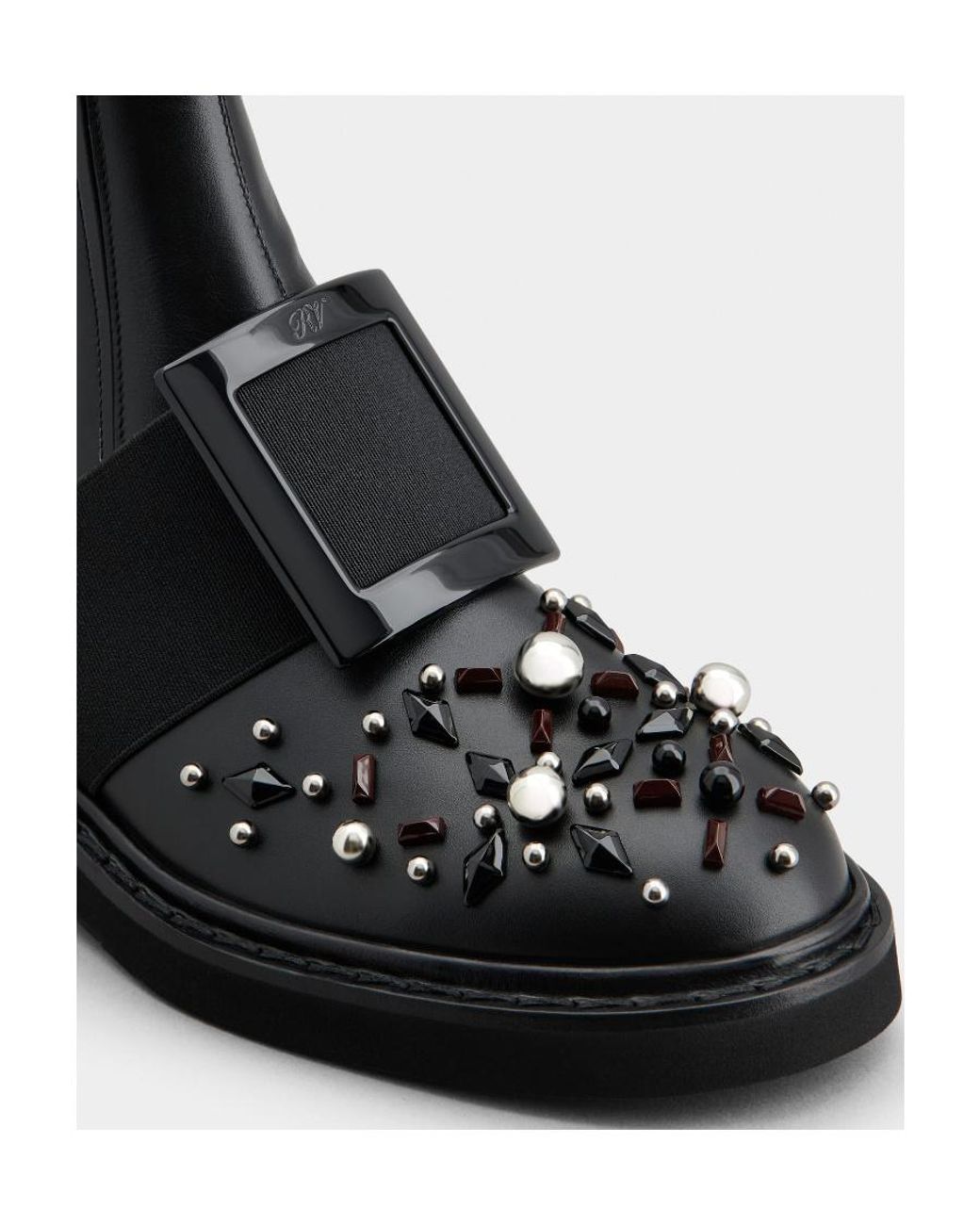 Roger Vivier Black Viv' Rangers Studs Lacquered Buckle Chelsea Ankle Boots