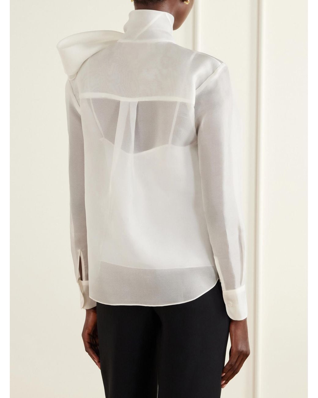 Carolina Herrera White Pussy-Bow Silk-Organza Blouse