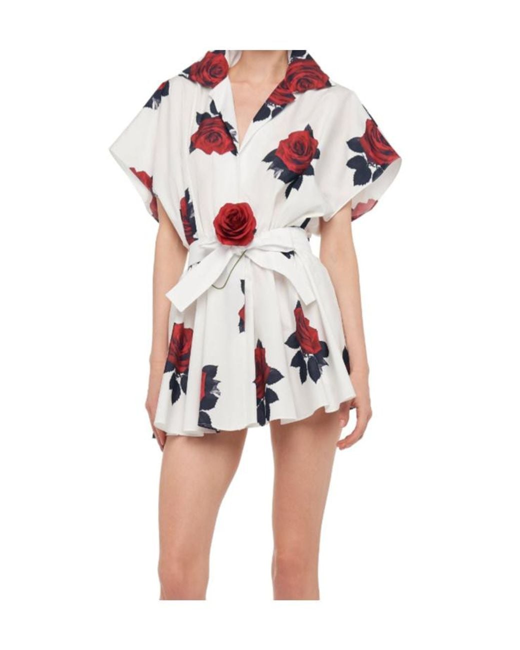 Norma Kamali Red Pleated Floral-Print Satin Mini Wrap Dress