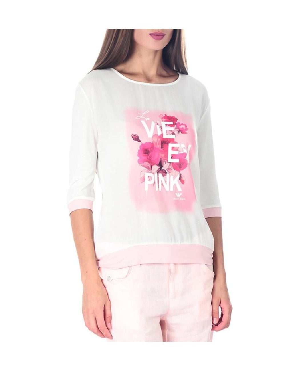 Armani Jeans Pink Seven-Cent Sleeve Printed Pattern T-Shirt