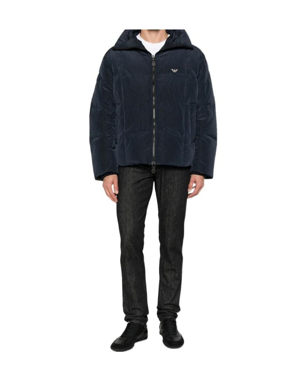 Emporio Armani Blue Hooded Zip-Up Down Jacket for men