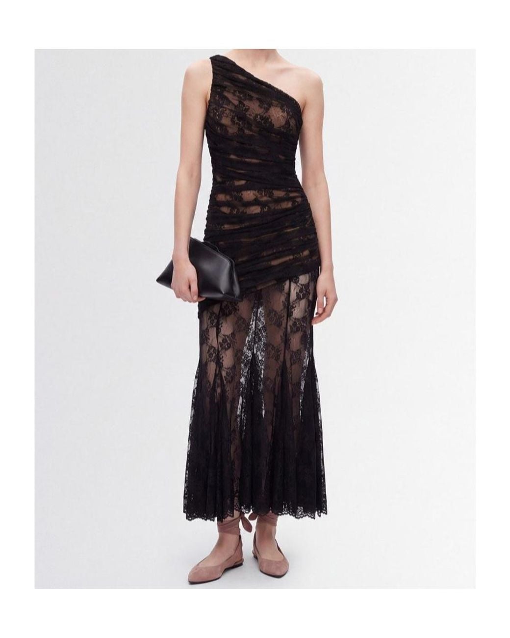 GIUSEPPE DI MORABITO Black One Shoulder Draped Lace Long Dress