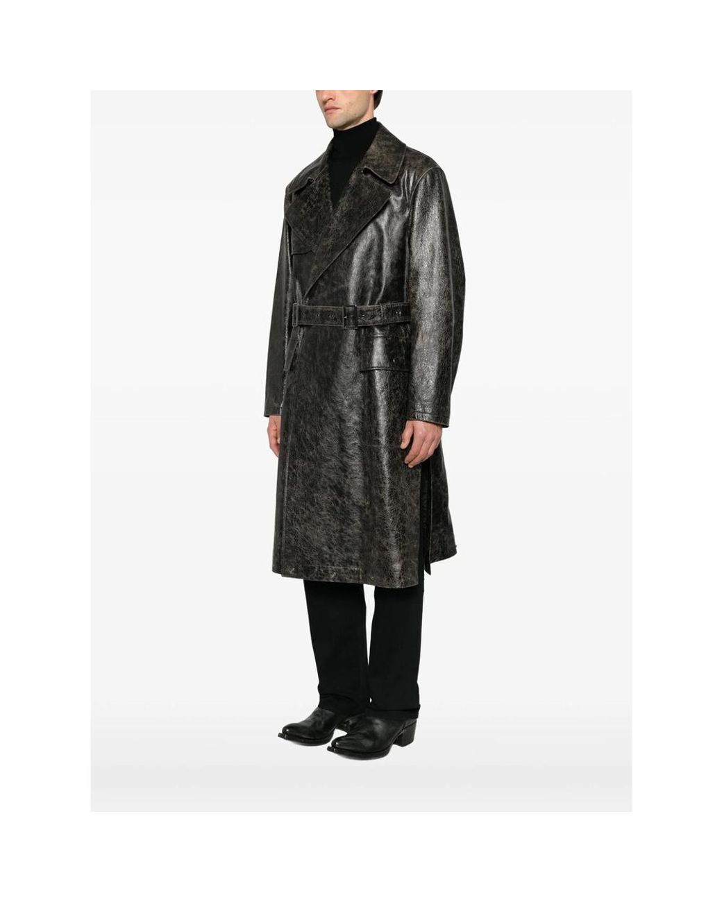 Fendi Gray Crackled Belted Leather Trench Coat for men