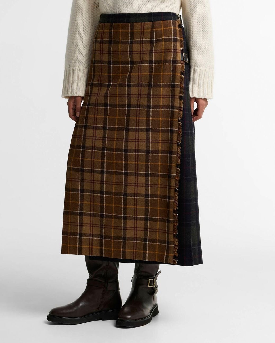 Barbour Brown Pleated Checked Flannel Midi Skirt