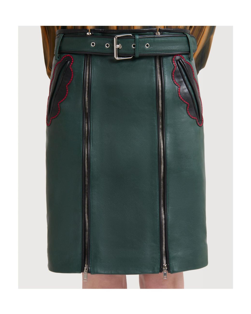 Marni Green Deep Leather Skirt With Leaf Pockets