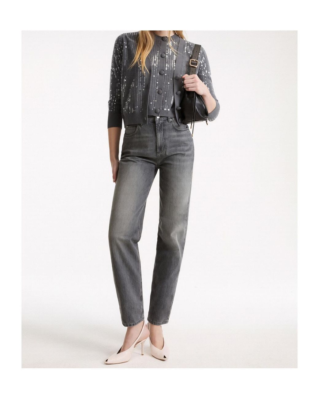 Marella Gray Button-Front Long-Sleeve Knit Top