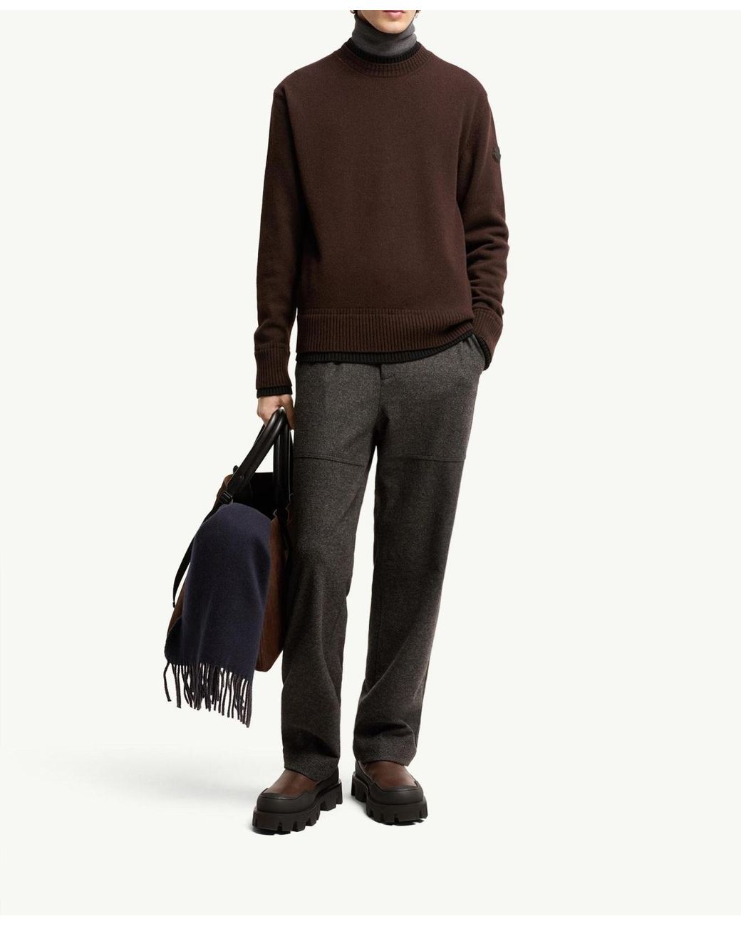 Moncler Brown Leather Logo Wool Cashmere Blend Sweater for men