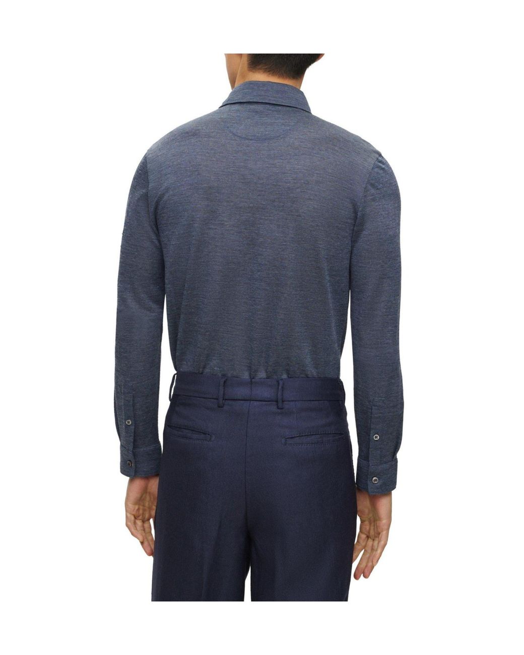 Boss Blue Heathered Collared Longsleeve Knit Shirt for men