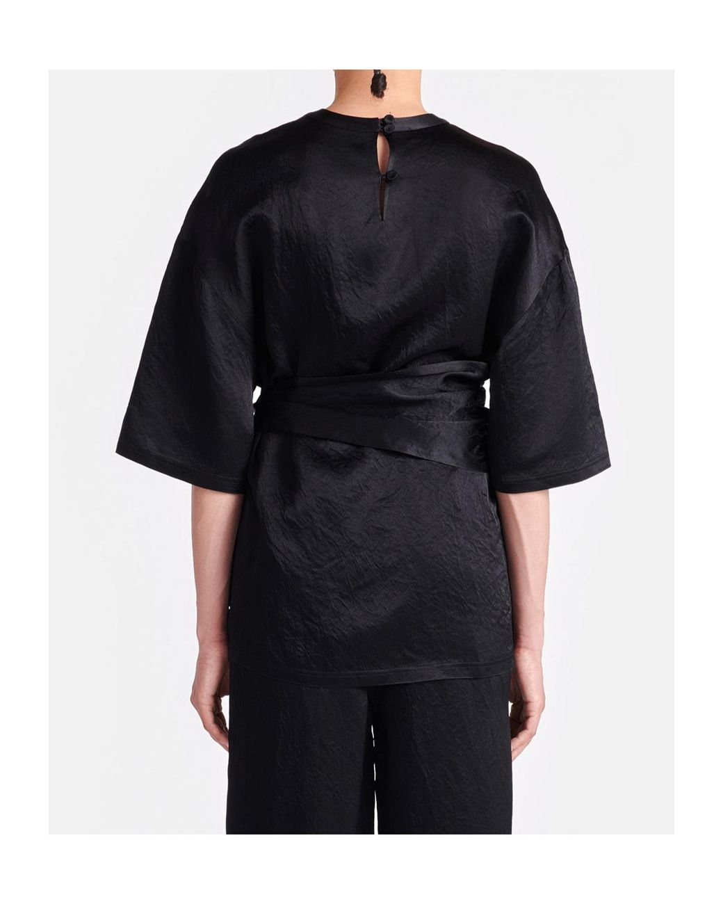 Nanushka Black Besia Belted Crinkled Satin Top