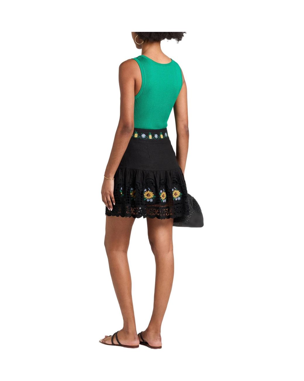 Farm Rio Black Floral Embroidered Umbrella Skirt