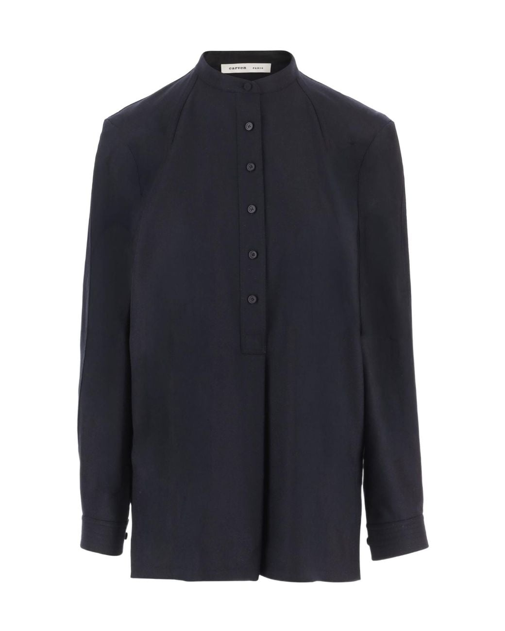 Carven Blue Half-Placket Mandarin Collar Sweater