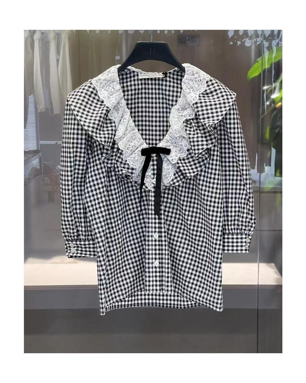 Alessandra Rich Gray Check-Print Ruffle-Collar Shirt