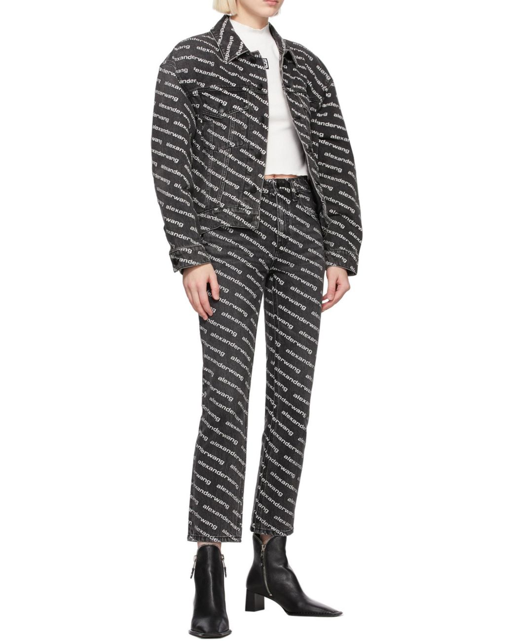 Alexander Wang Gray Mid-Rise Logo-Print Flared Trousers