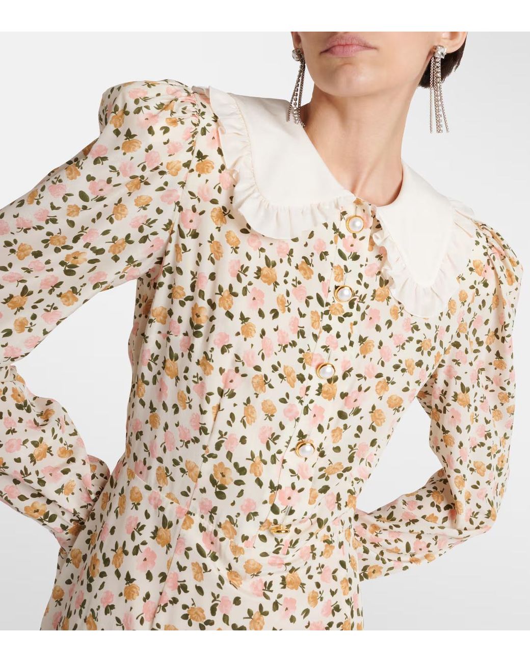 Alessandra Rich Natural Floral Silk Midi Dress