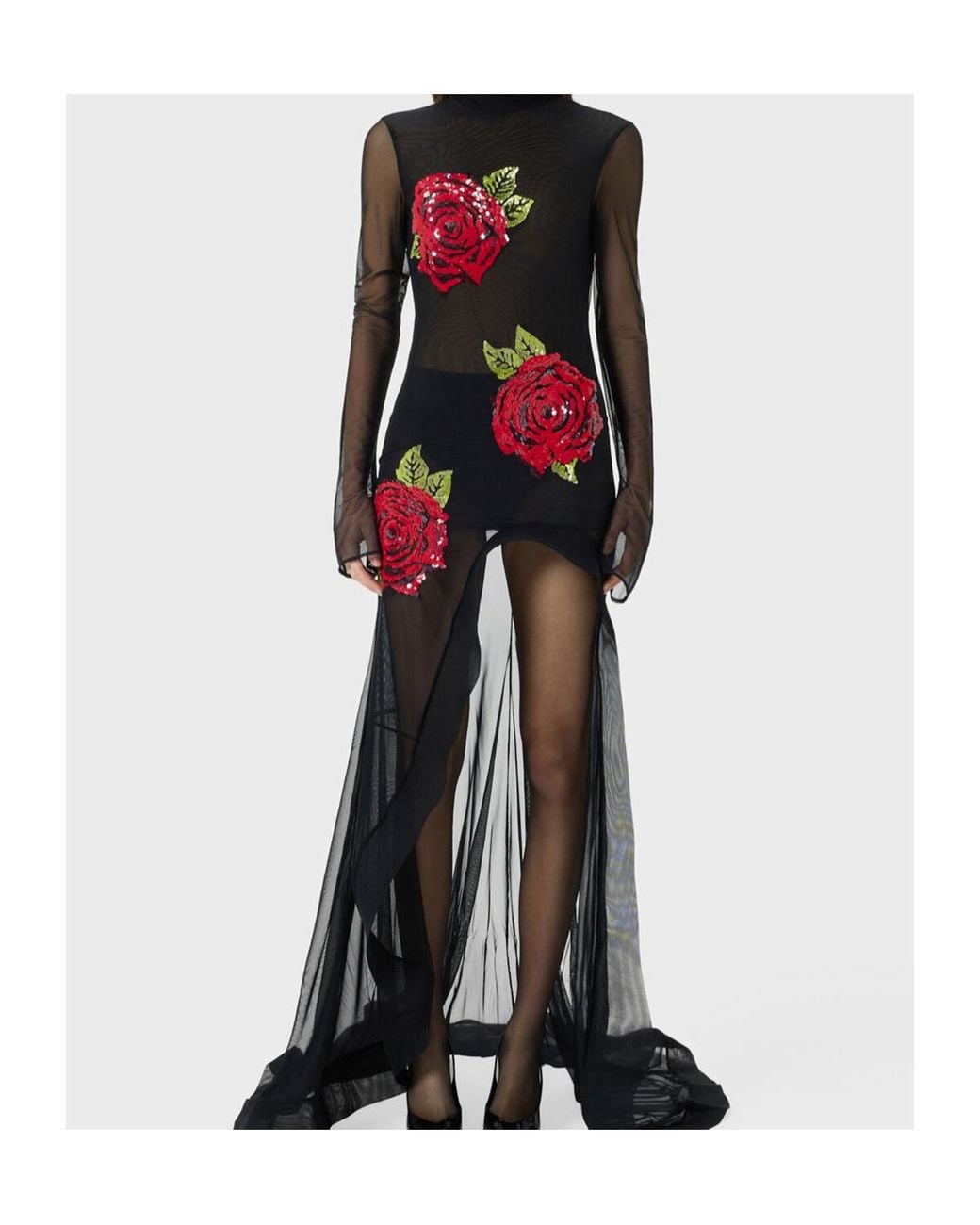 Blumarine Black Sequinned Floral Embroidered Stretch Tulle Dress