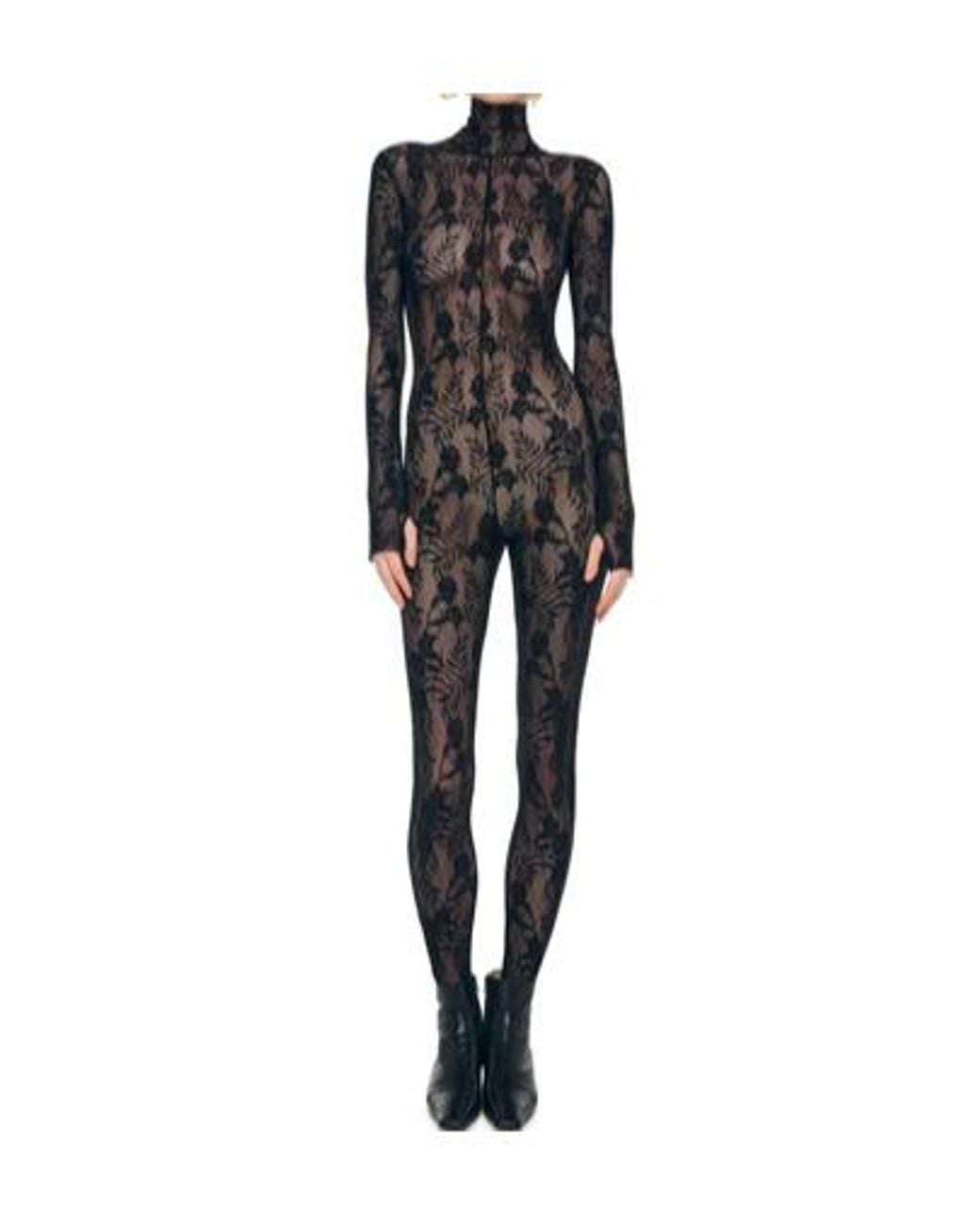 Norma Kamali Black Lace Mesh Long-Sleeve Jumpsuit