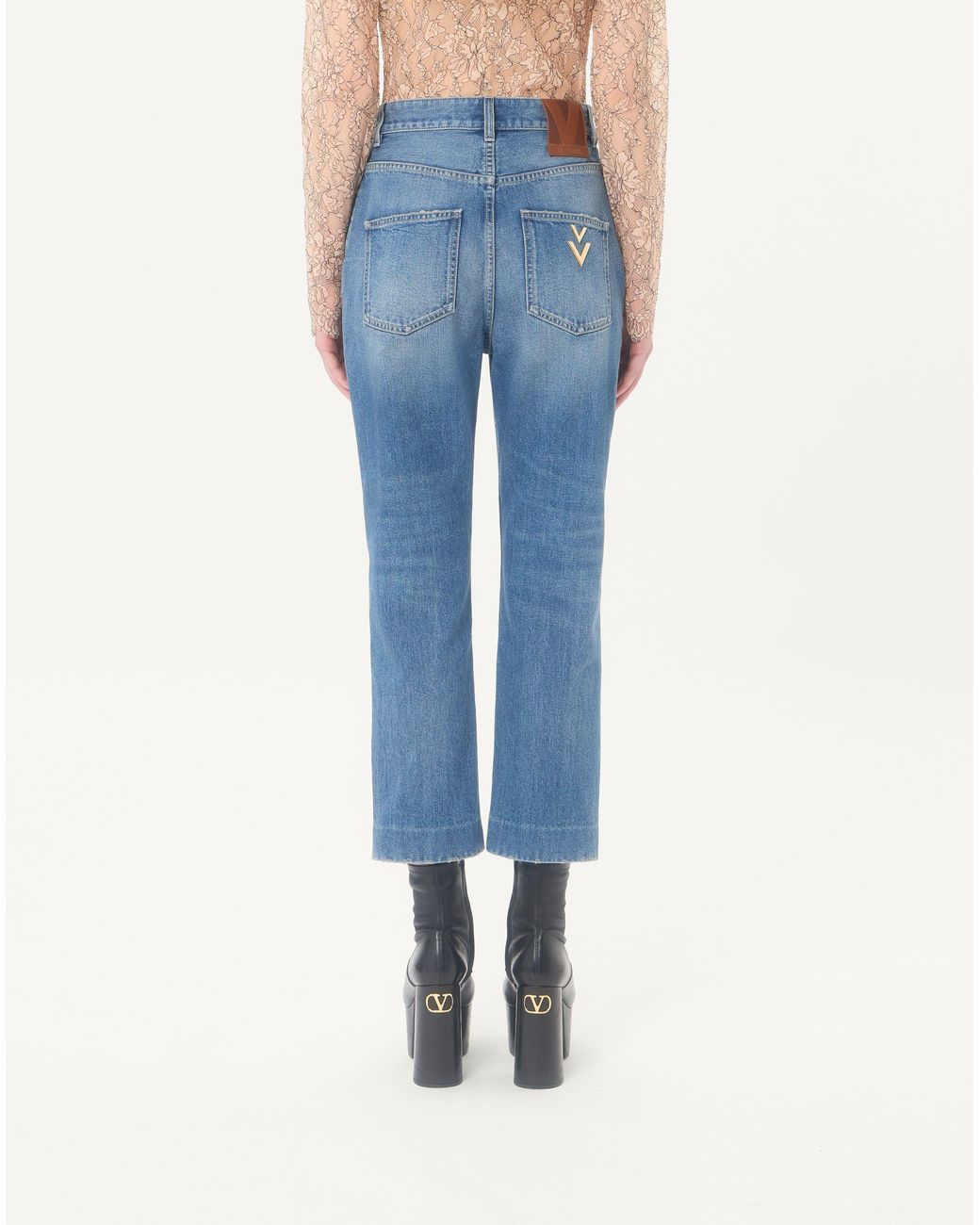 Valentino Blue Logo Patch Cropped Jeans
