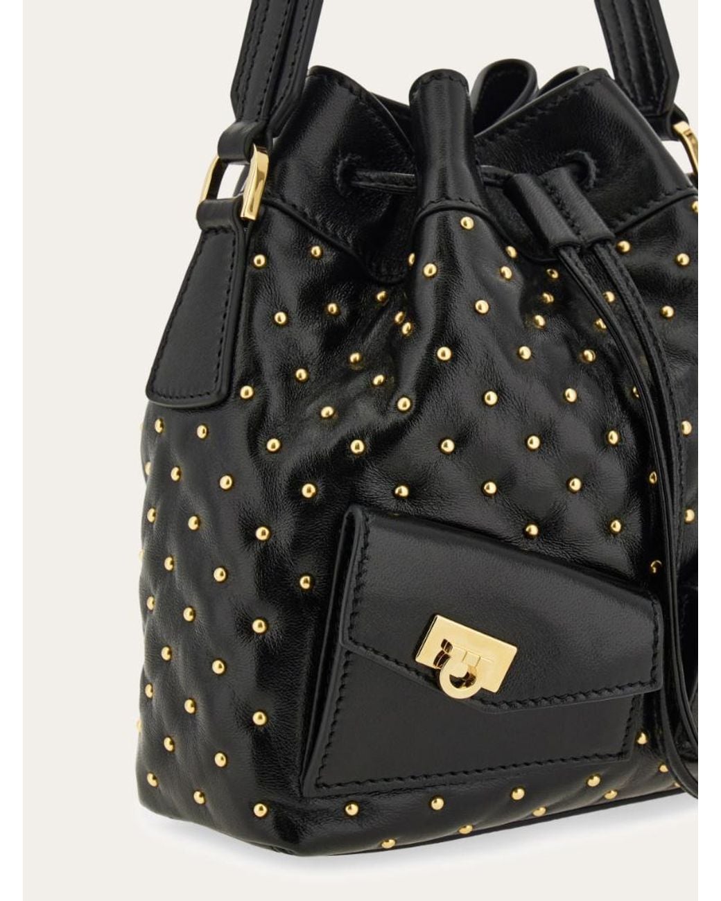 Ferragamo Black Ferragamo Studded Drawstring Bucket Bag