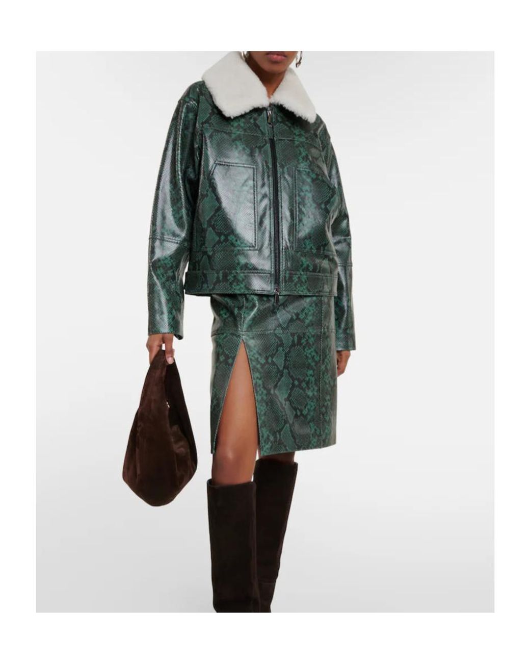 Dorothee Schumacher Green Lapel Long-Sleeved Leather Jacket