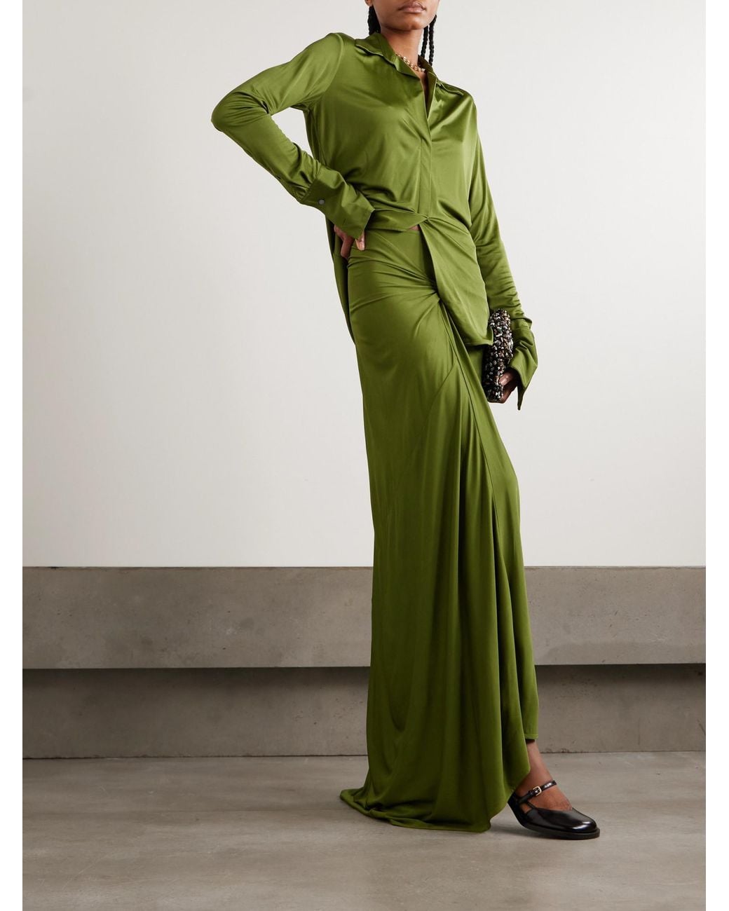 Dries Van Noten Green Pleated Knit Long Dress