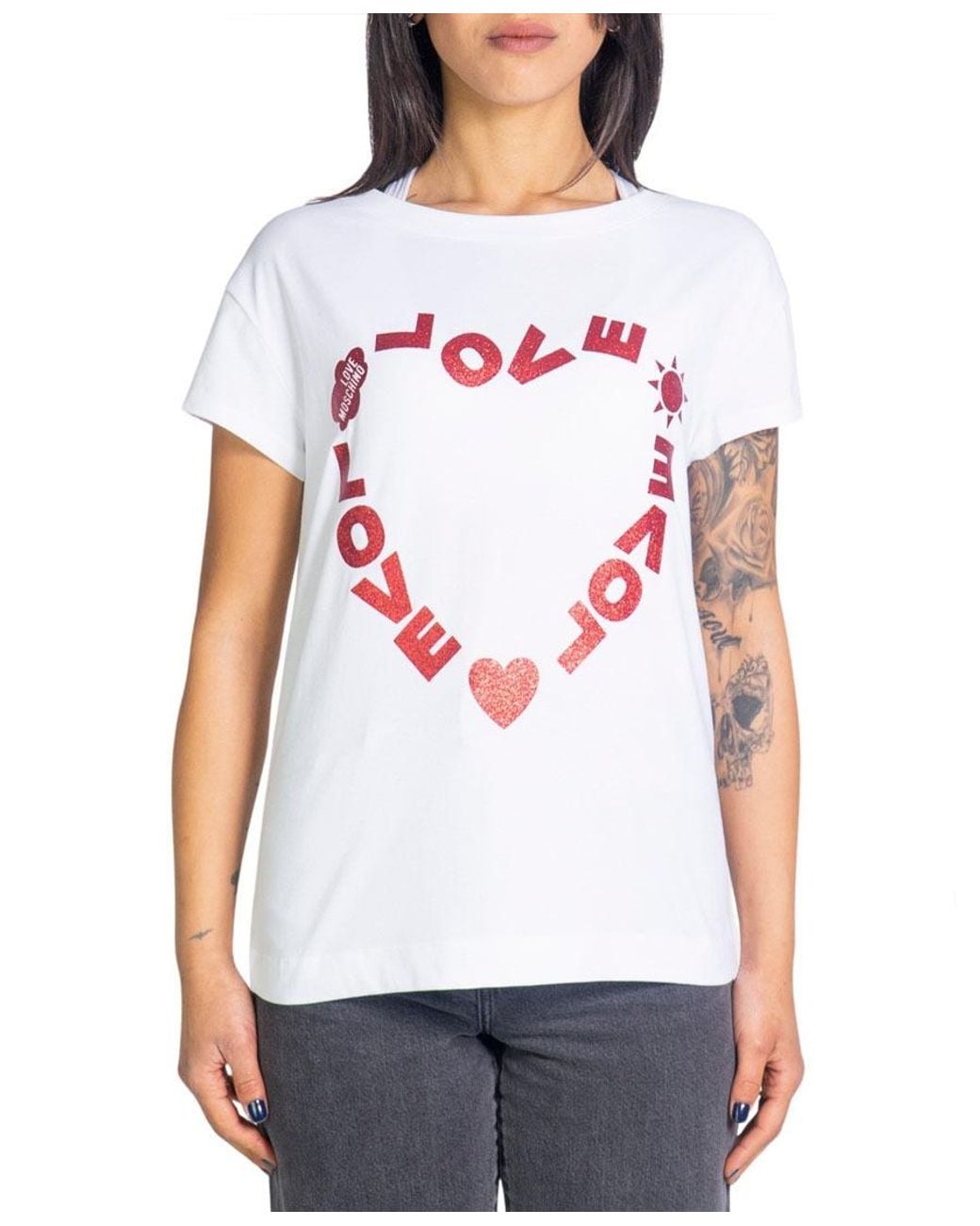 Moschino White Heart-Shaped Printed T-Shirt