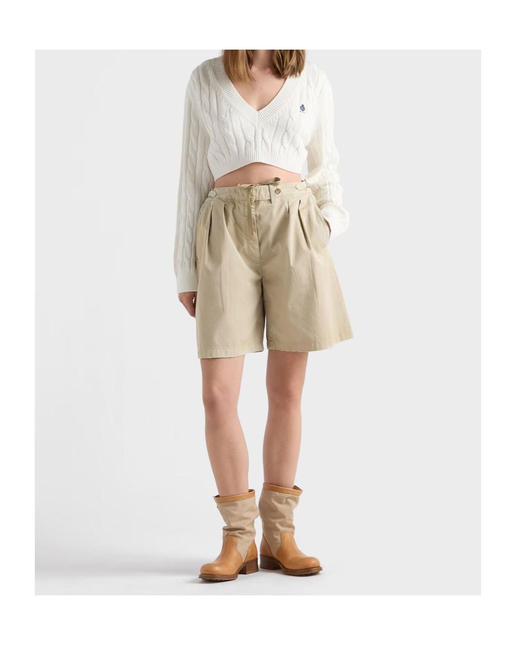 Prada White Scollo V Cropped Cable-Knit Sweater