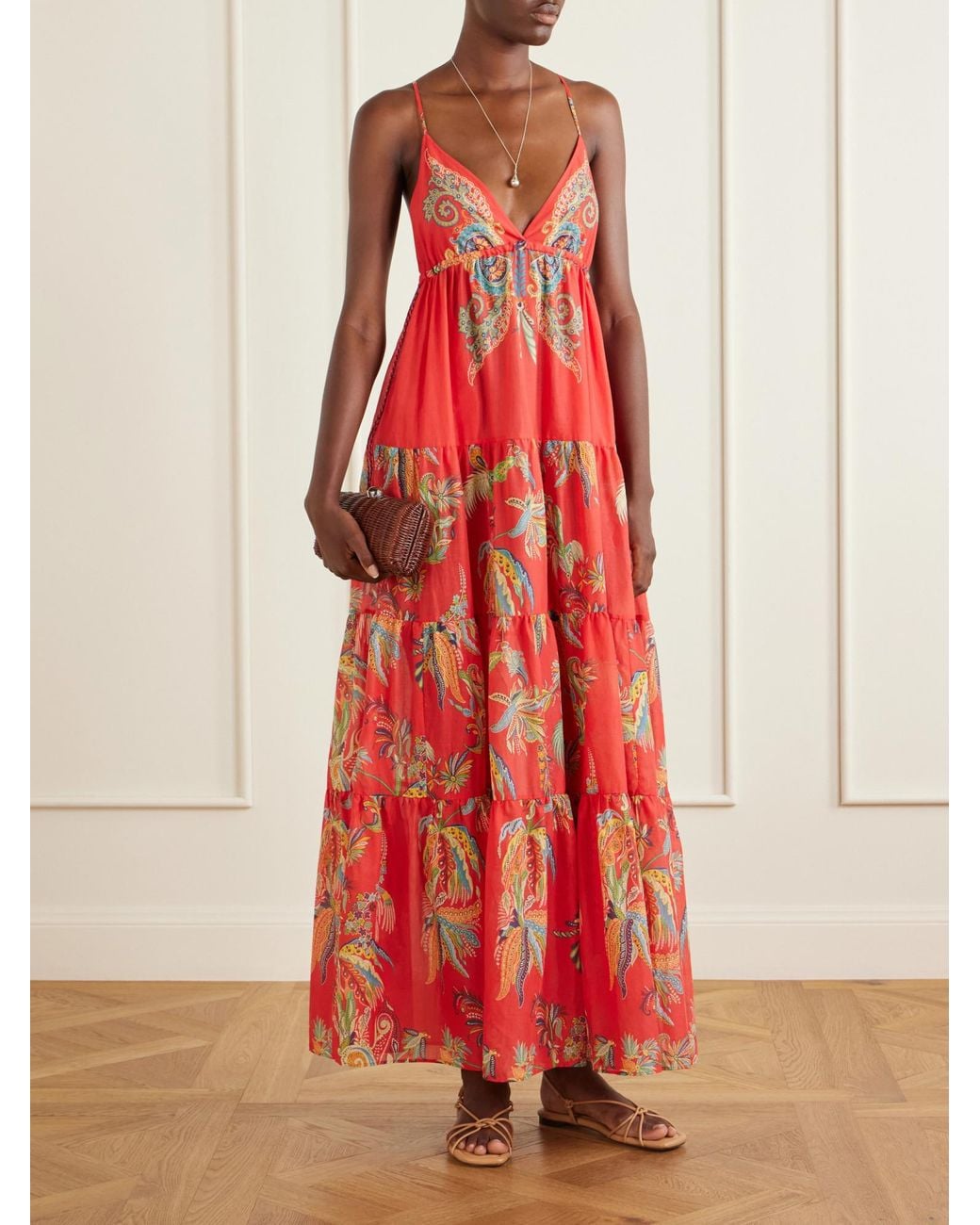 Etro Red Ruffled Printed Cotton Maxi Dress