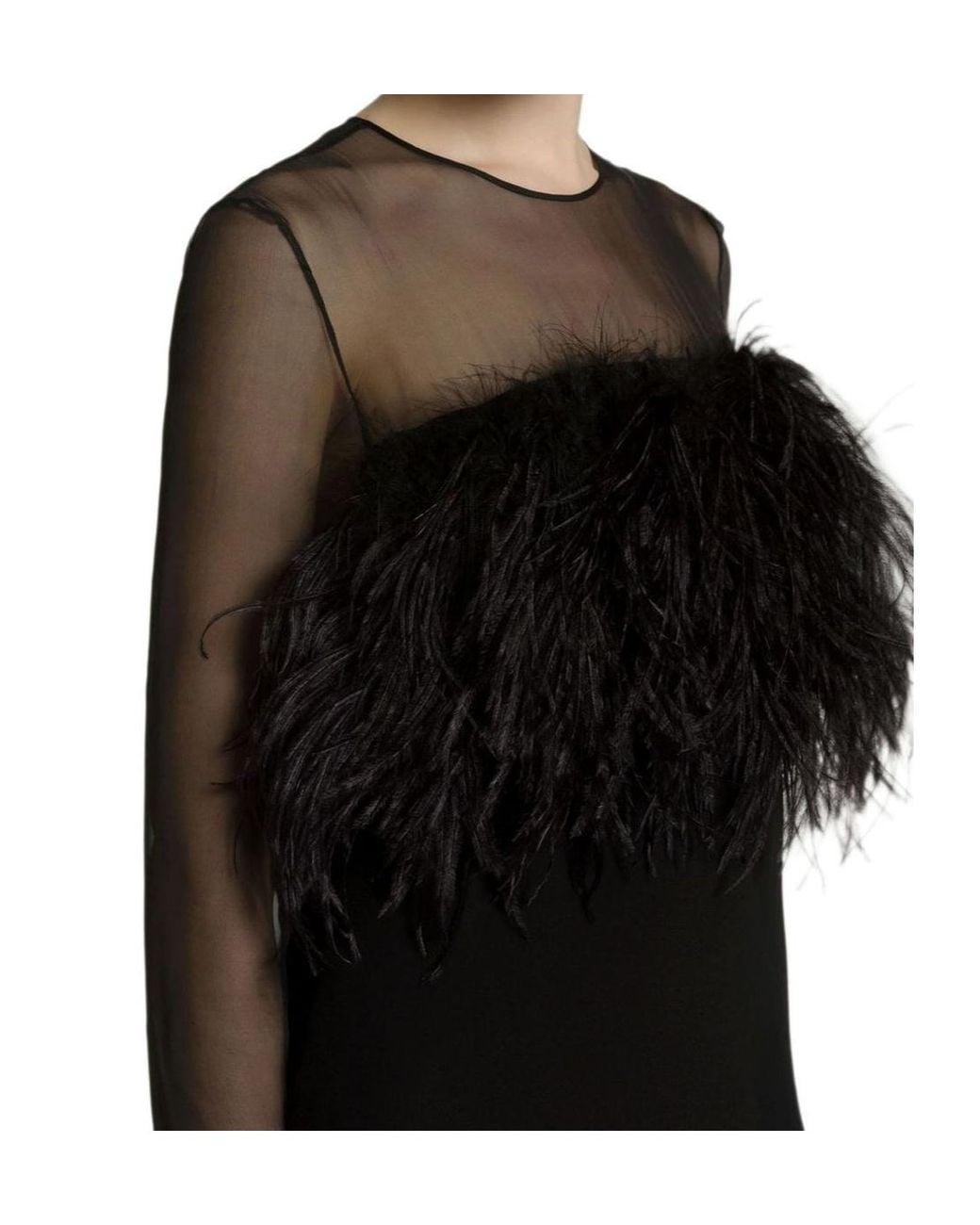 Alberta Ferretti Black Feather-Trim Sheer-Sleeve Dress