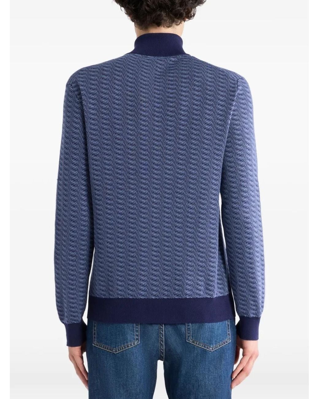 Etro Blue Cotton Jacquard Sweater With Zip And Pegaso Embroidery for men