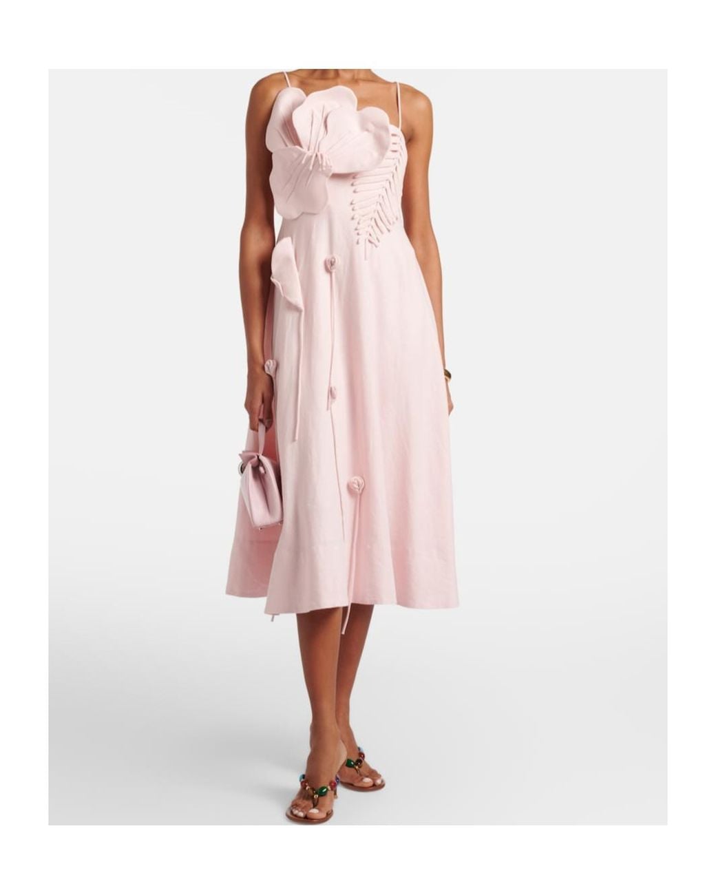 Farm Rio Pink Floral-Appliqué Linen-Blend Midi Dress
