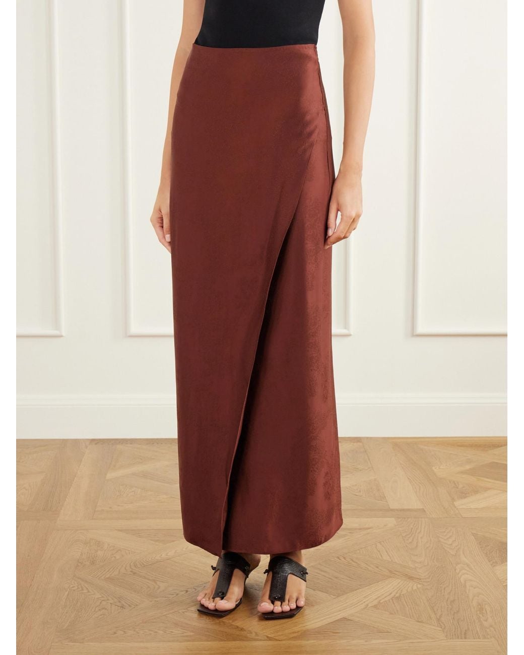 Ruohan Brown Wrap-Effect Satin-Jacquard Maxi Skirt