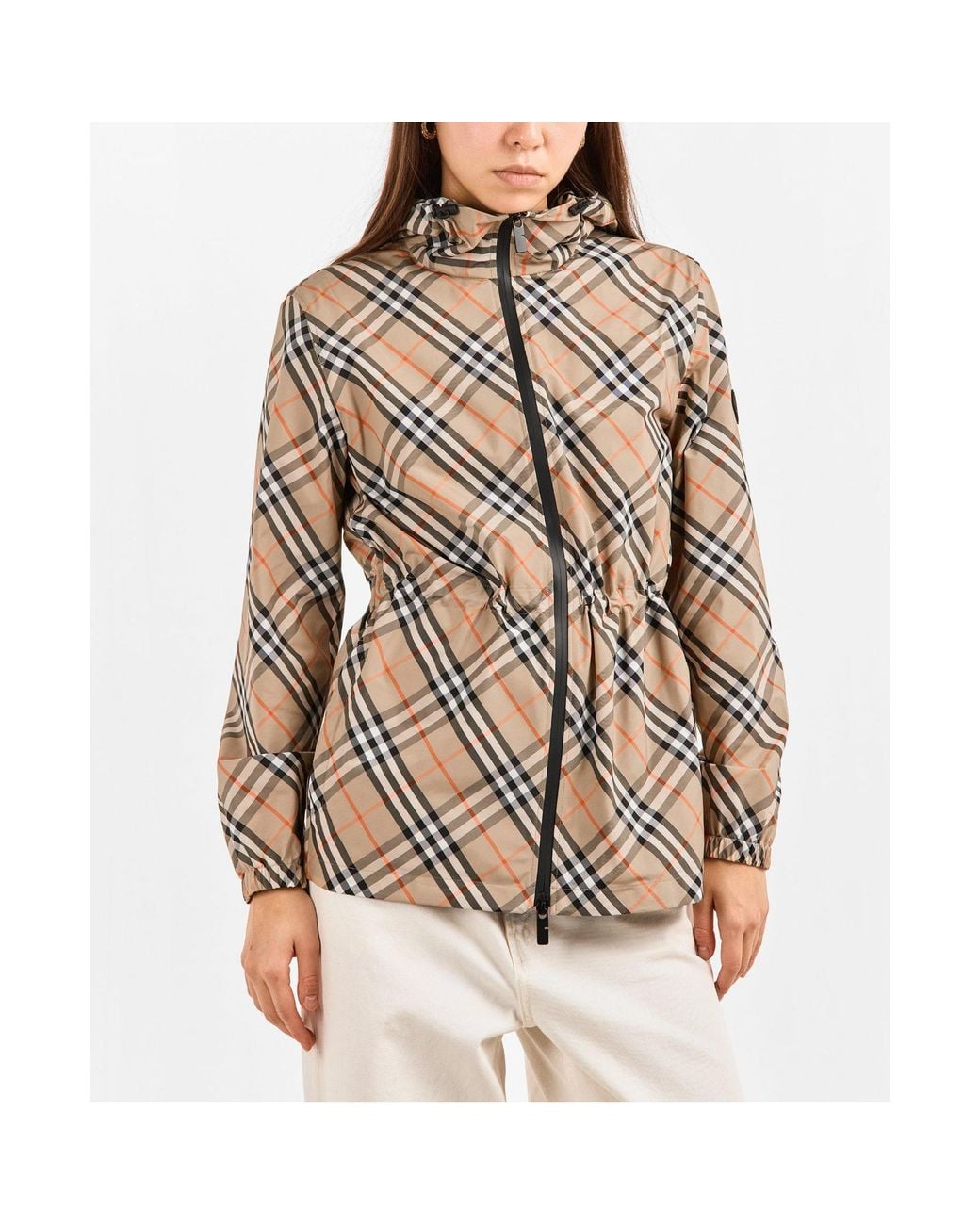 Burberry White Diagonal Check Hooded Mid-Length Coat