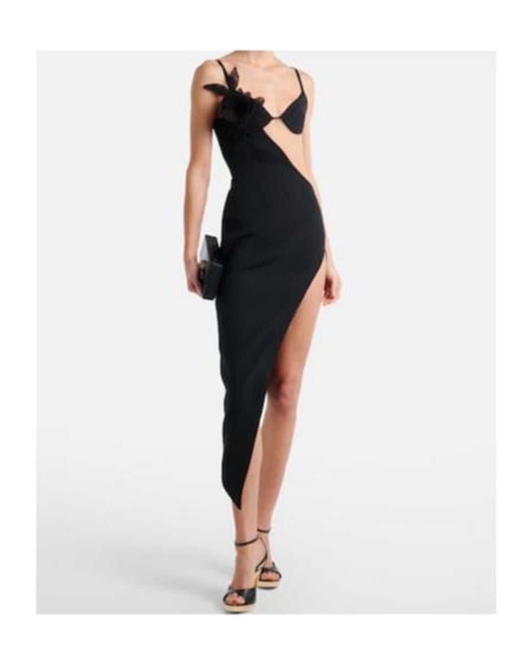David Koma Black Asymmetric Cutout Floral-Applique Midi Dress