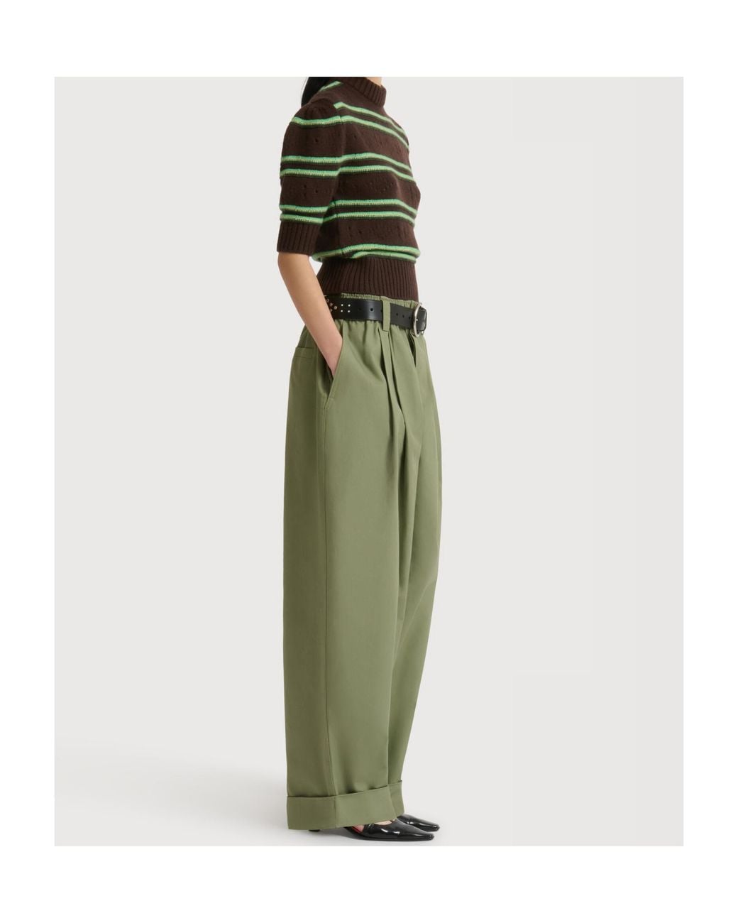 Marni Green Pleated Turn-Up Hem Trousers