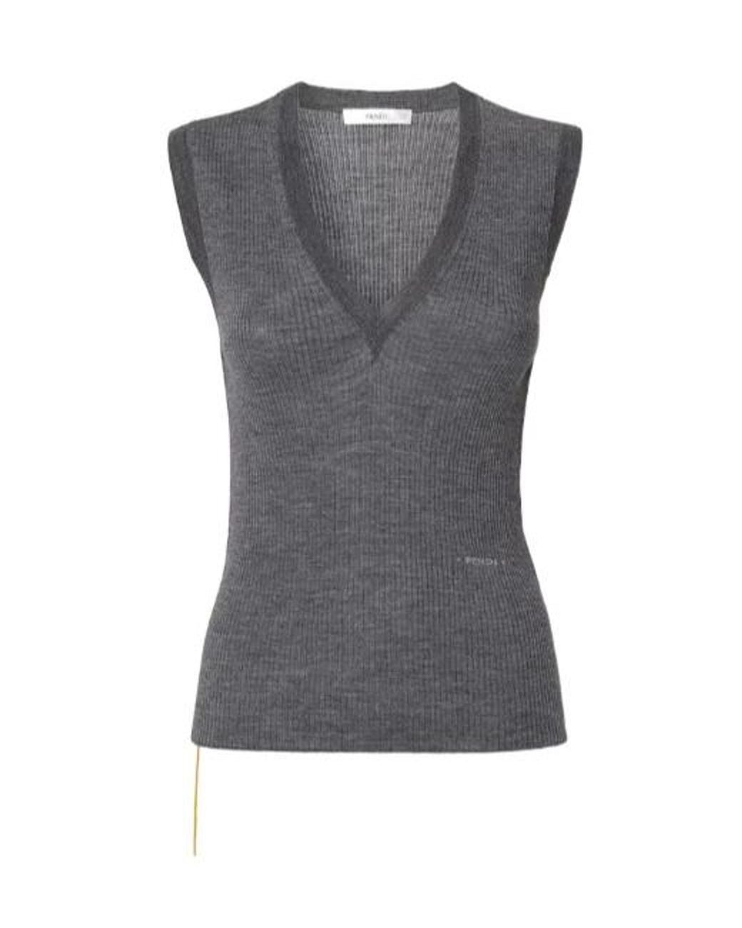 Fendi Gray Melange Wool Ribbed Top