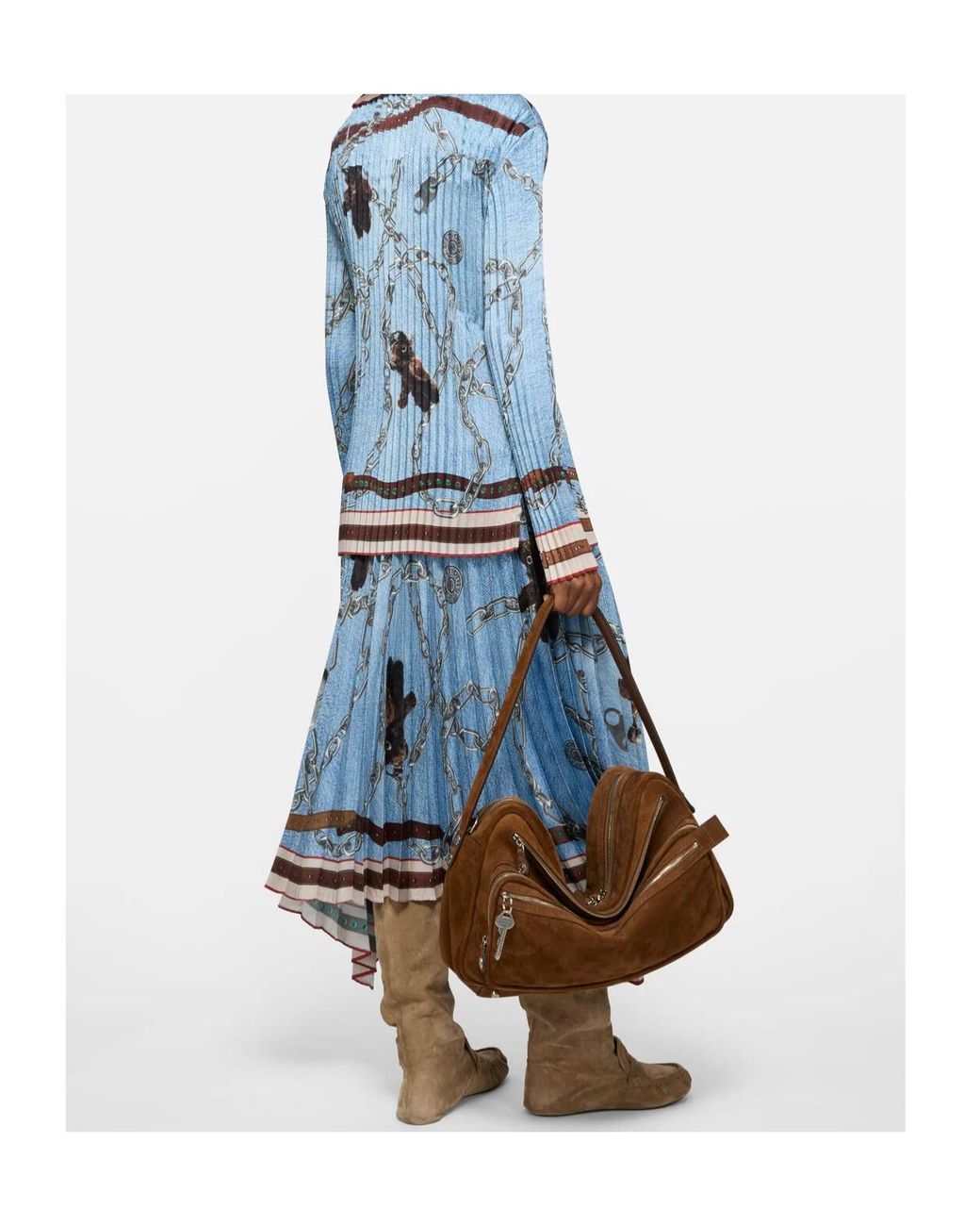 Acne Blue Pleated All-Over Print Midi Skirt