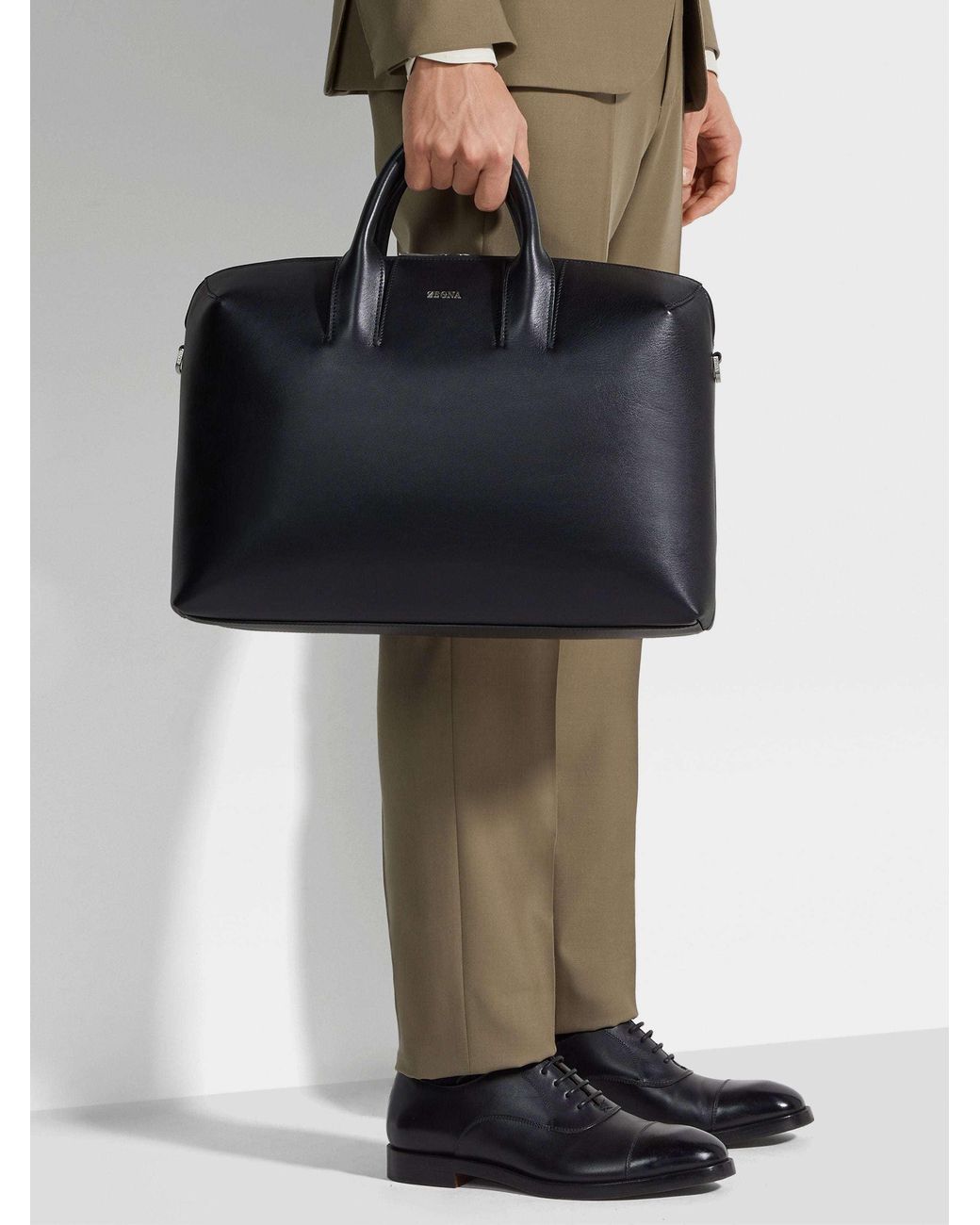 Zegna Black Logo Detailed Top Handle Briefcase for men