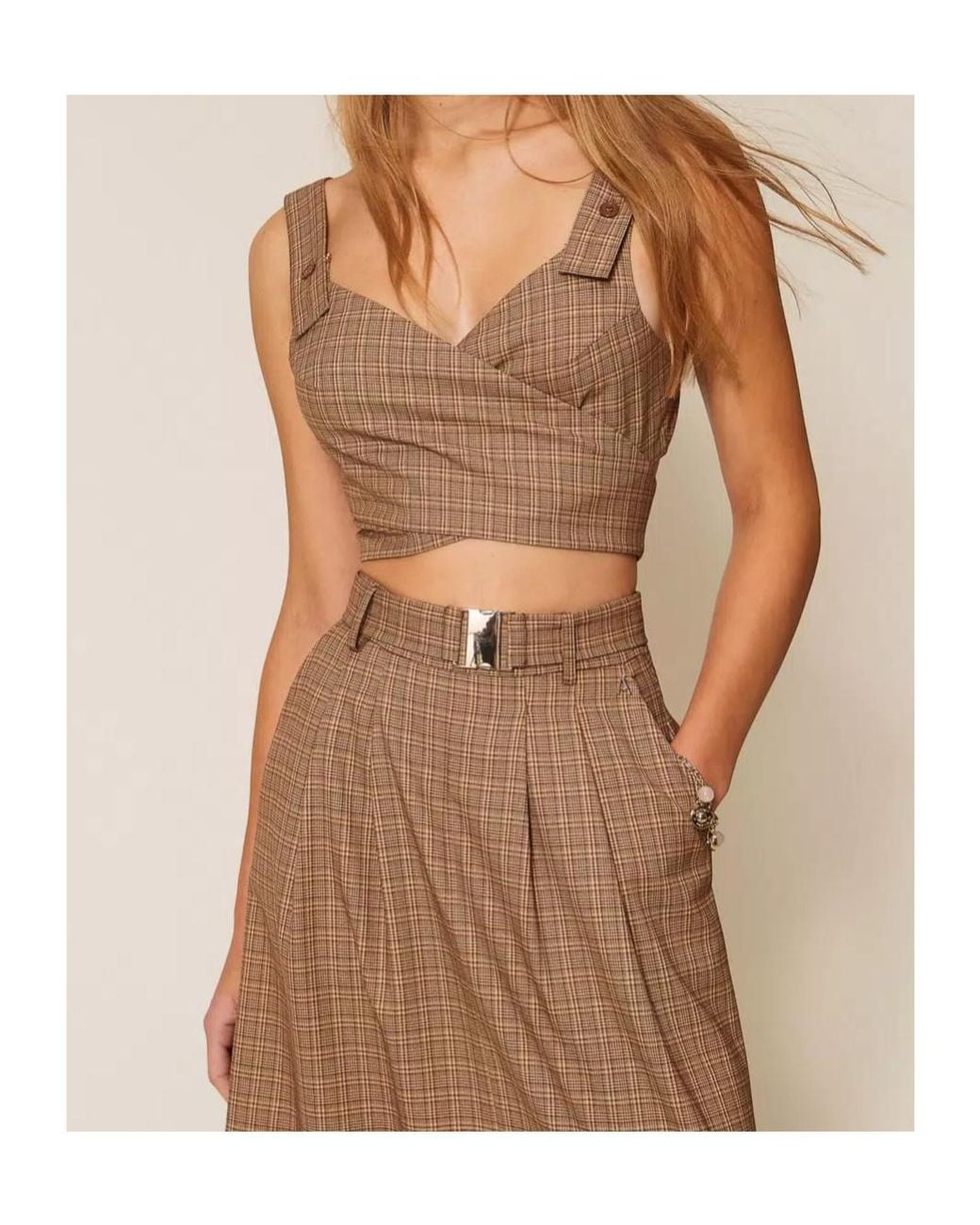 Twinset Brown Plaid-Pattern Cropped Blouse