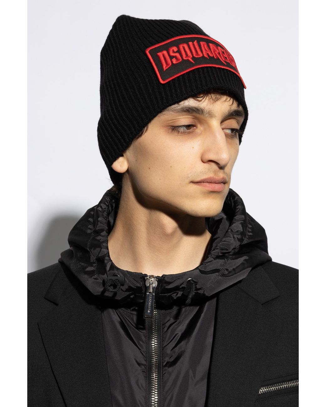 DSquared² Black Logo-Patch Beanie for men