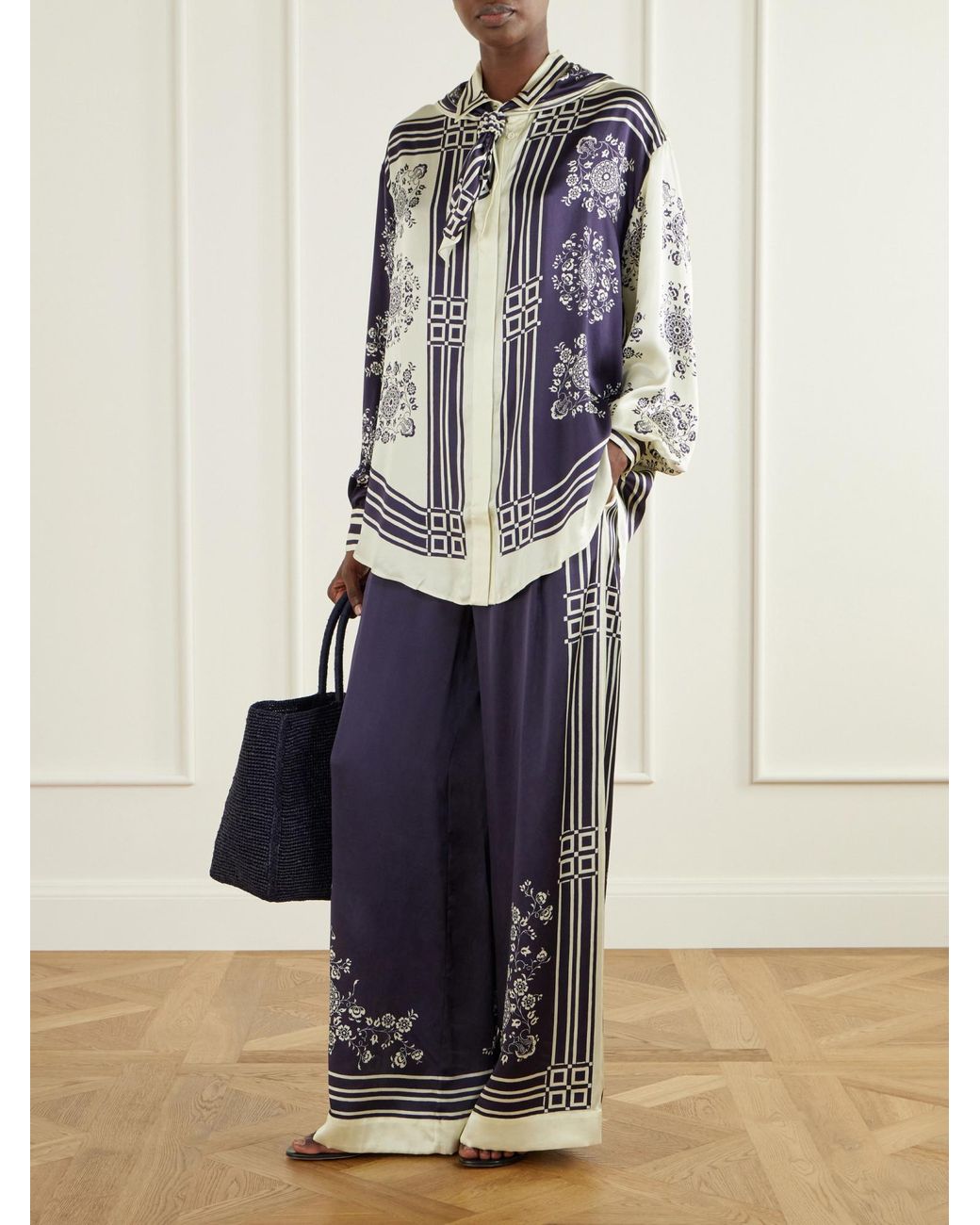 ALÉMAIS Blue Printed Silk-Satin Wide-Leg Pants