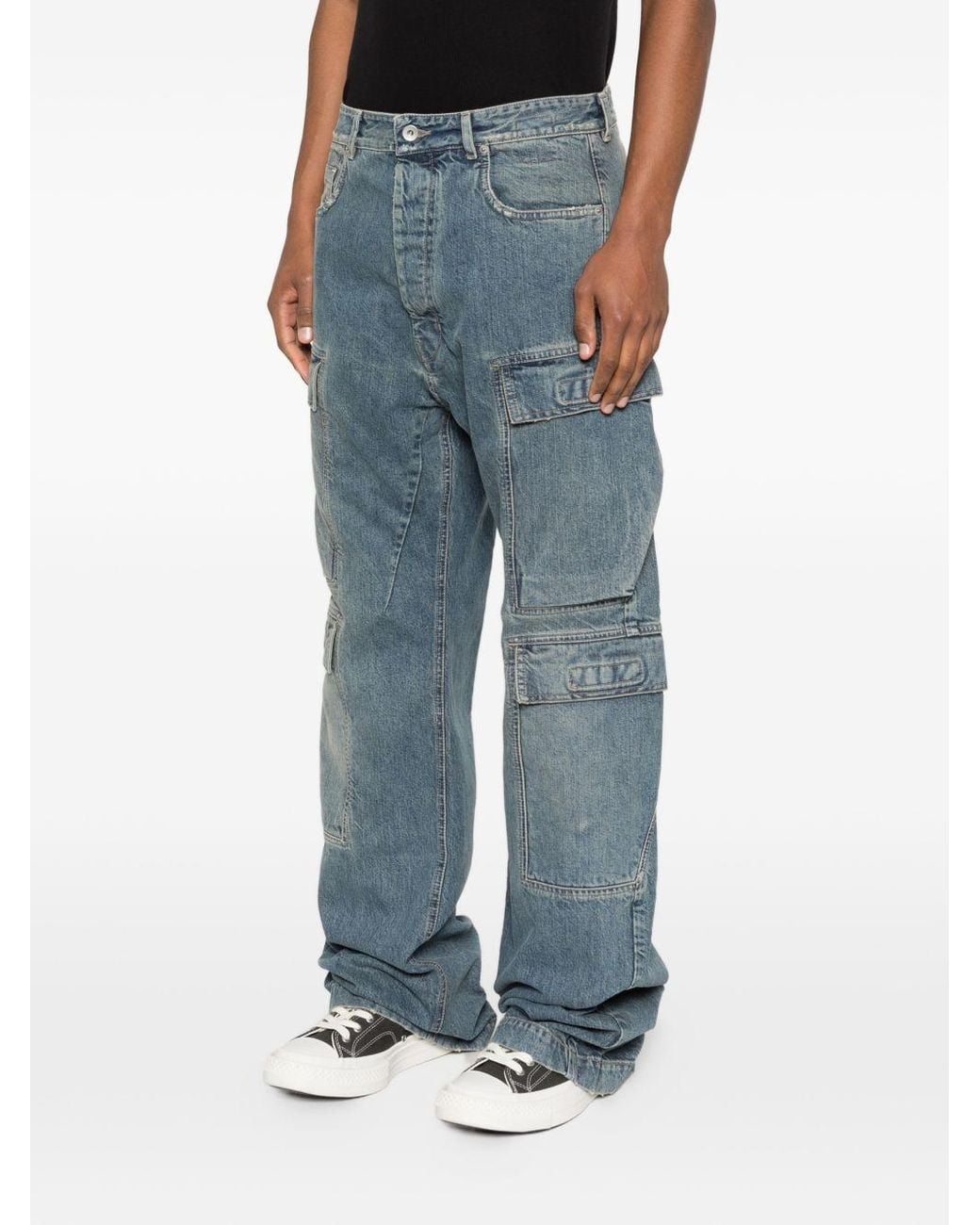 Rick Owens Blue Distressed Relaxed-Fit Cargo Jeans for men