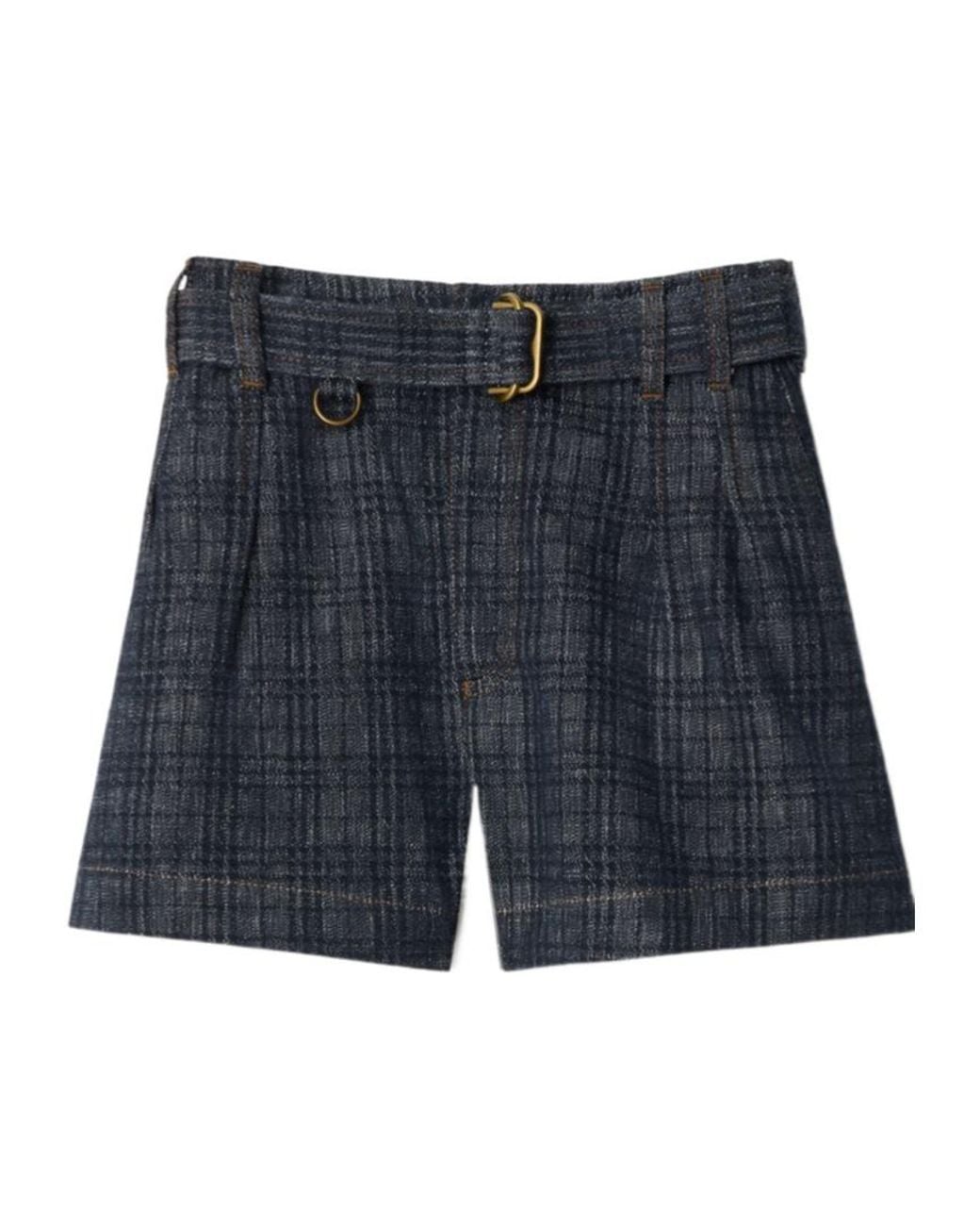 Burberry Blue Belted Check Denim Shorts