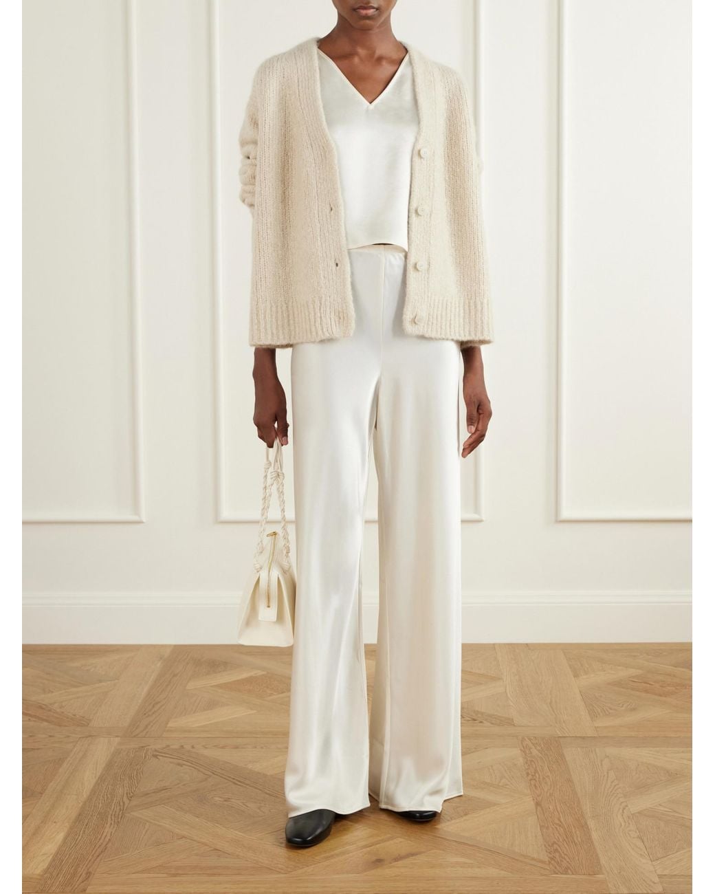 Leset White Barb Draped Satin Wide-Leg Pants